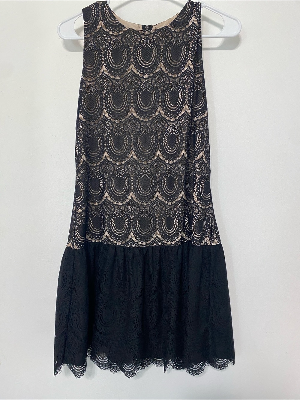 DKNY Black Lace Mini with Nude Underlay and Scalloped Hem